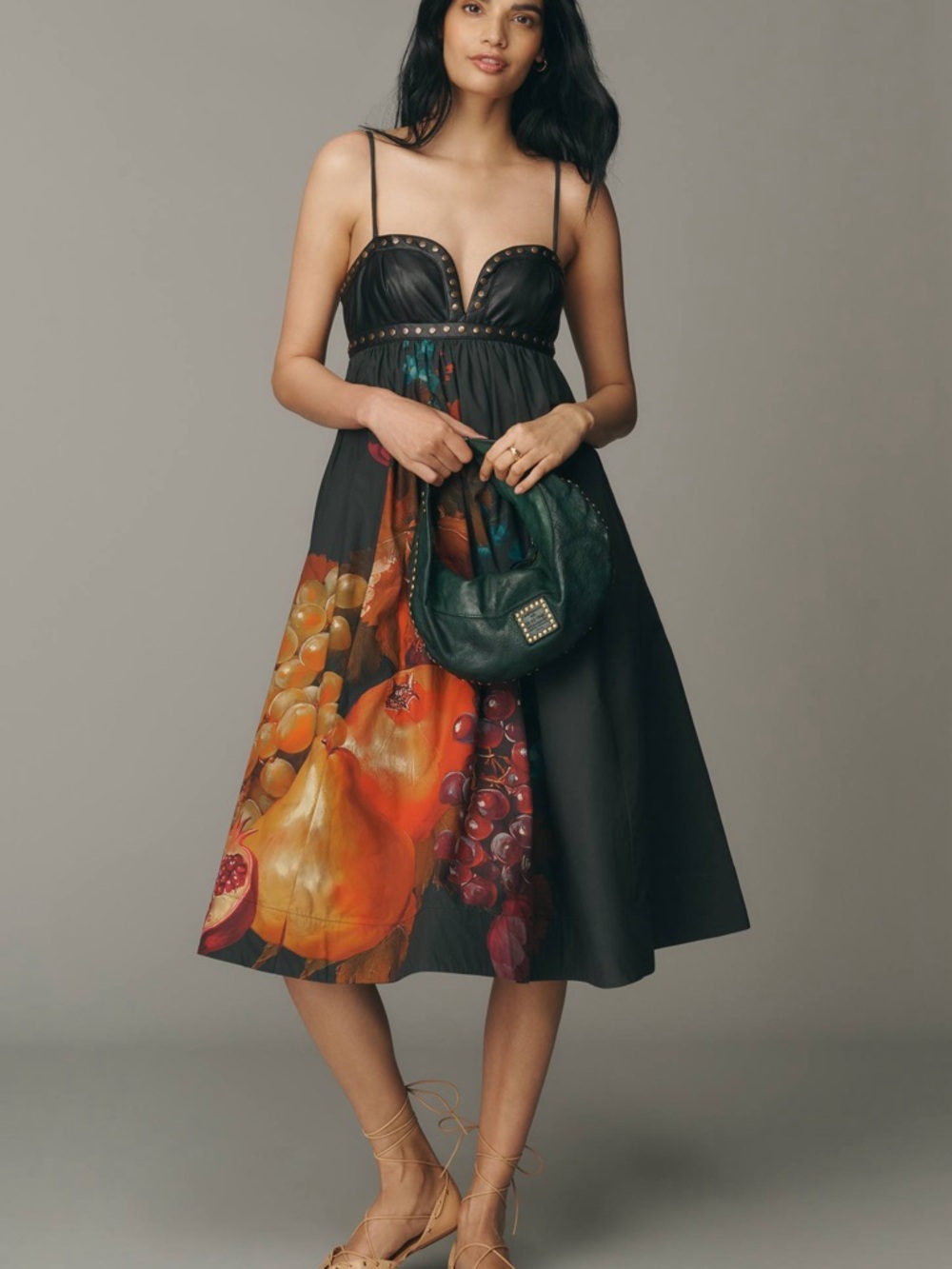 Maeve Black Midi Dress with Fruit Still-Life Print